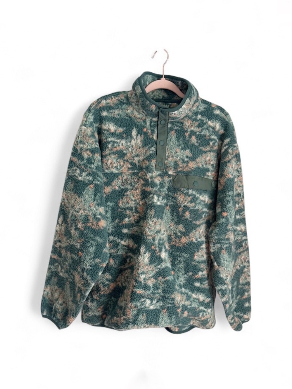 Goodfellow Men's Green Camouflage Sherpa Pullover Sweater Quarter Snap Size L